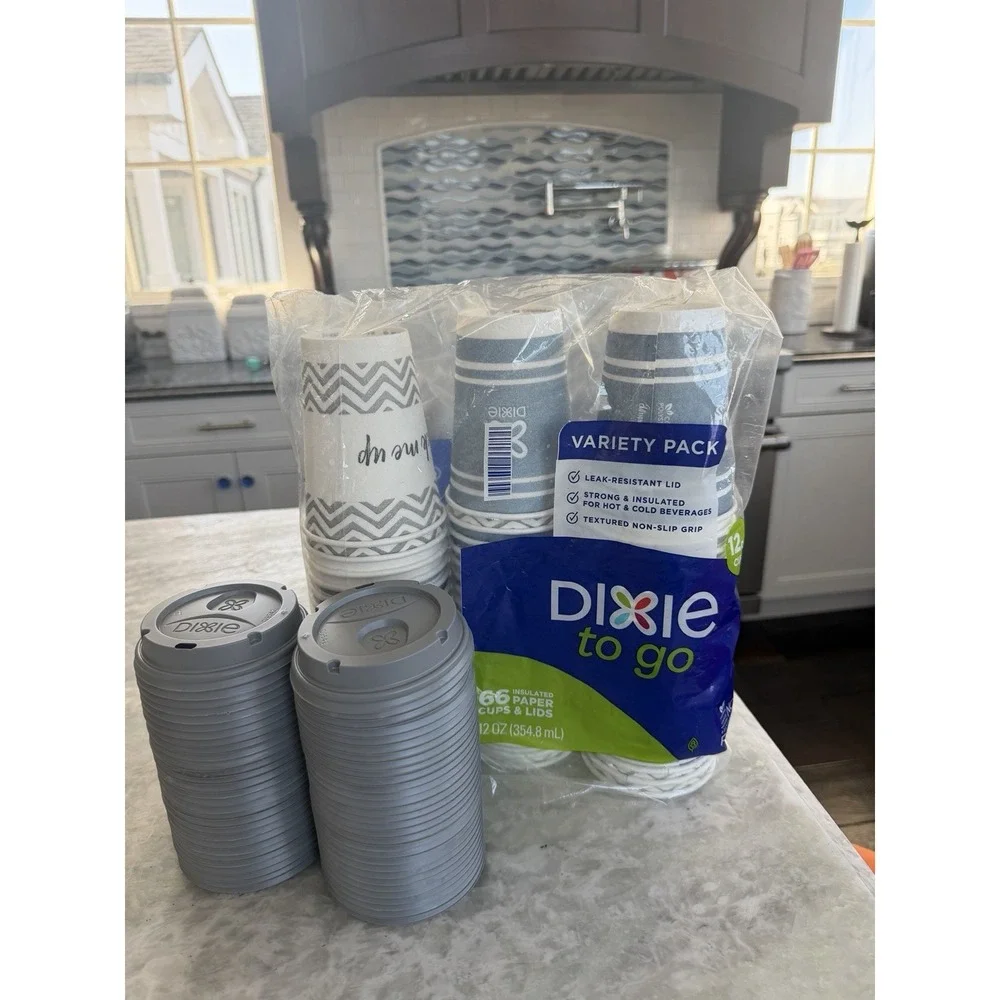 Opened Dixie To Go 59 insulated Disposable Coffee Cups 12 oz & Lids variety pack